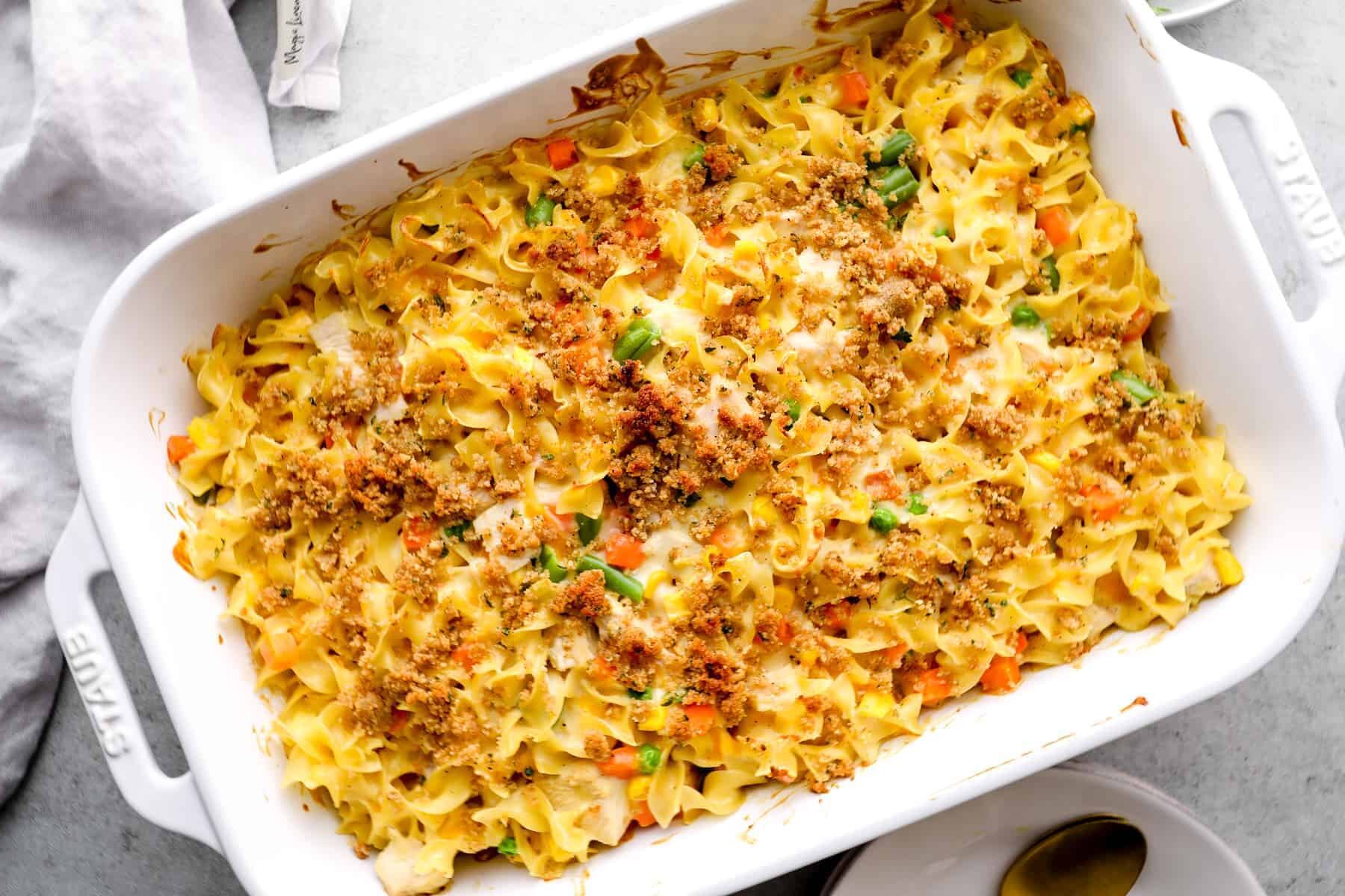 up close chicken egg noodle casserole in baking dish