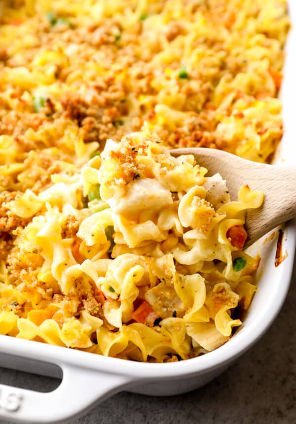 chicken noodle casserole with wooden spoon