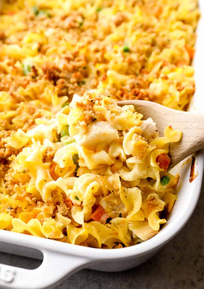chicken noodle casserole with wooden spoon