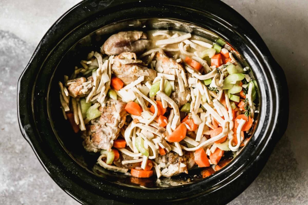 crockpot chicken and noodles before cooking