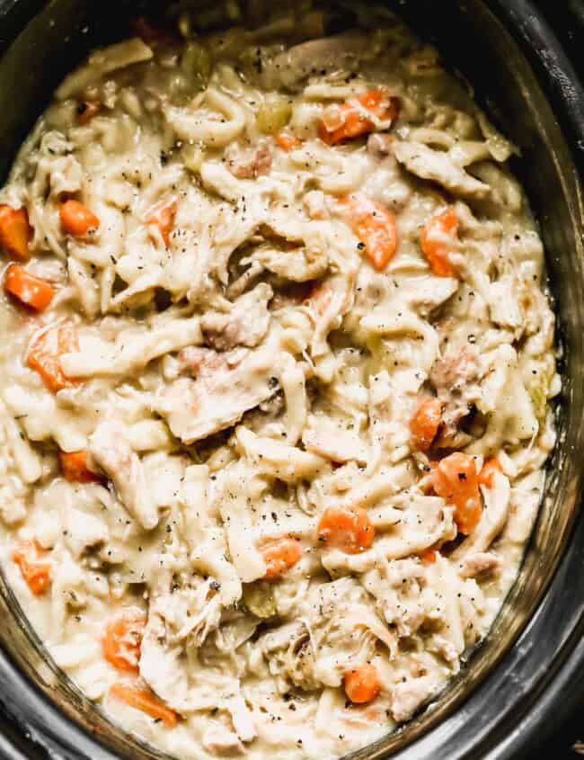 up close image of crockpot chicken and noodles