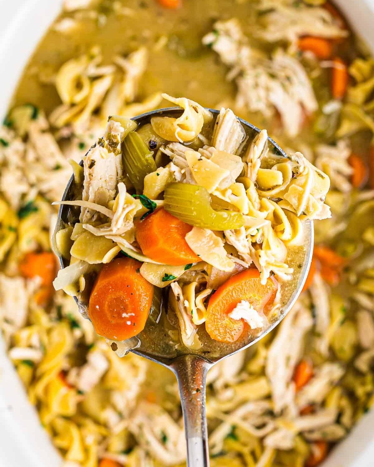 ladle in crockpot of chicken noodle soup