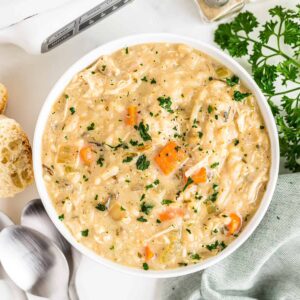 white bowl with chicken wild rice soup