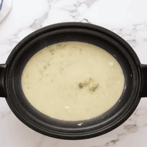 creamy soup in a crockpot.