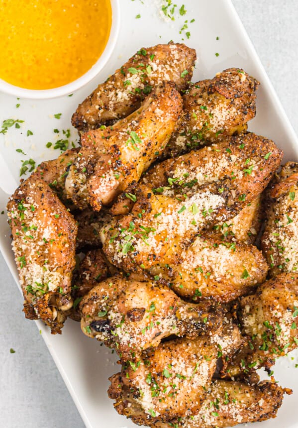 garlic parmesan wings on platter