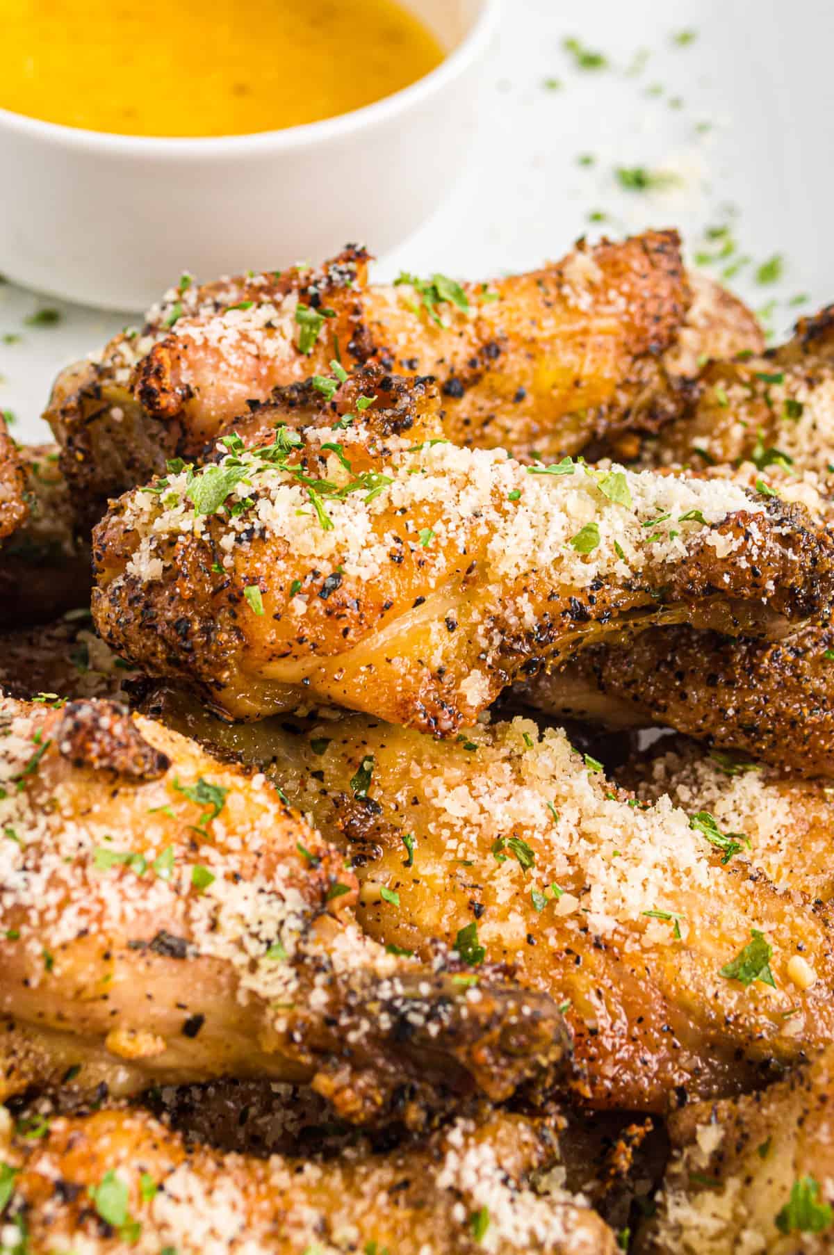 up close image of garlic parmesan wings