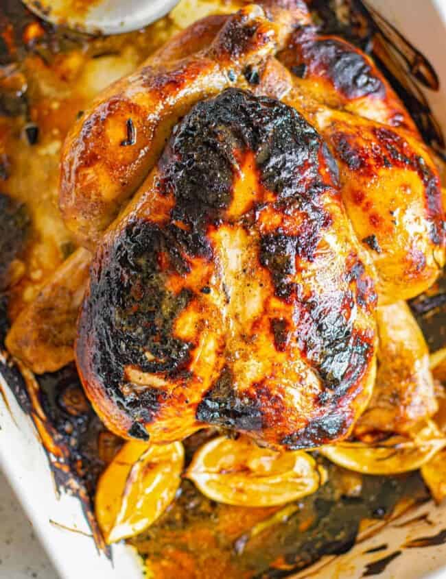 honey mustard roast chicken in baking dish