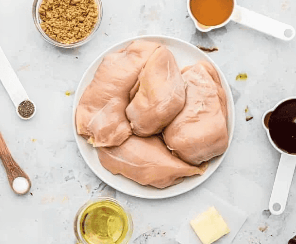 ingredients for maple bourbon marinated chicken breasts.