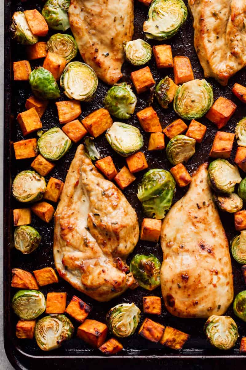 sheet pan maple dijon chicken with carrots and brussels sprouts