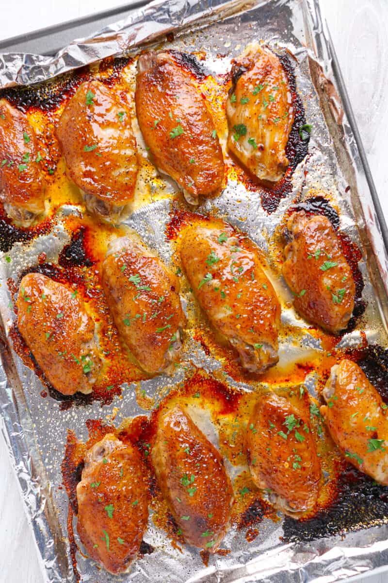baked sweet chili chicken wings on sheet pan