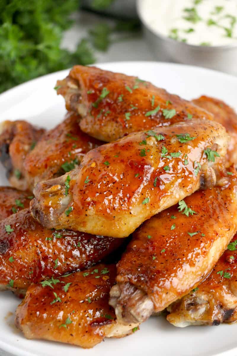 stacked baked wings with sweet chili sauce