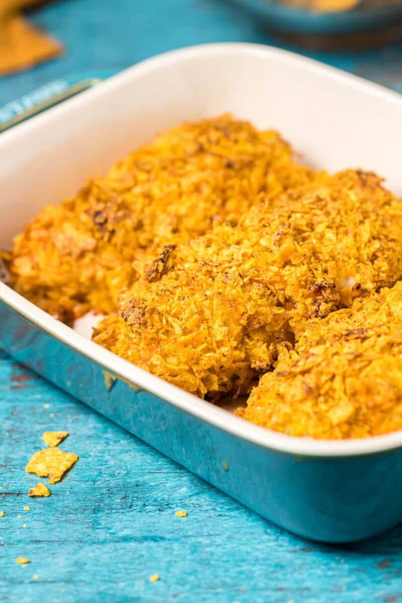 cool ranch crusted chicken in baking dish