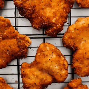 breaded fried chicken thighs on a wire rack.