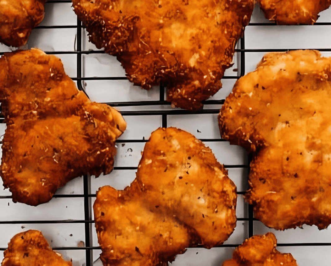 breaded fried chicken thighs on a wire rack.