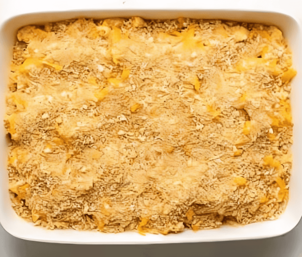 Chicken macaroni and cheese casserole topped with breadcrumbs.