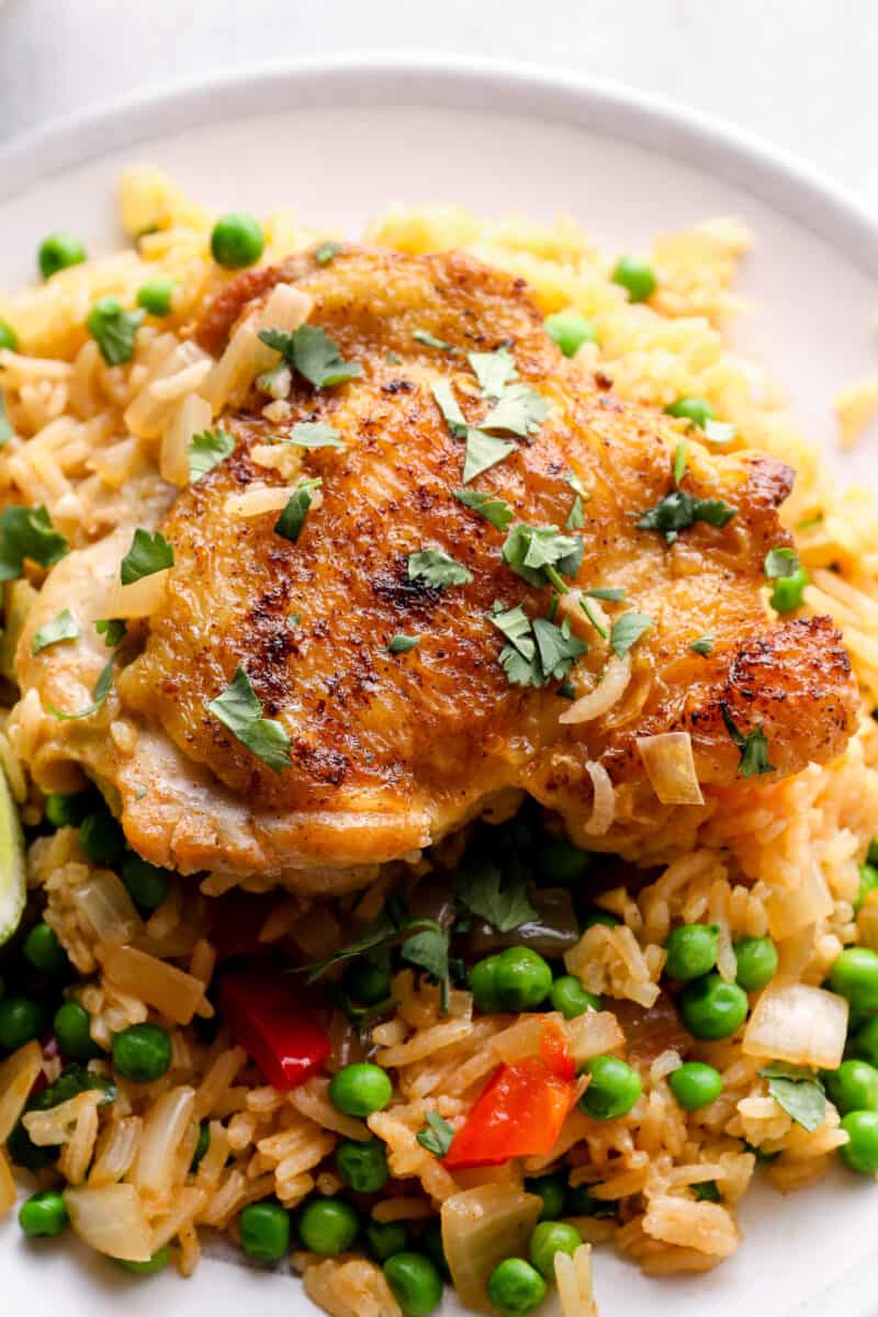 arroz con pollo chicken thigh on plate