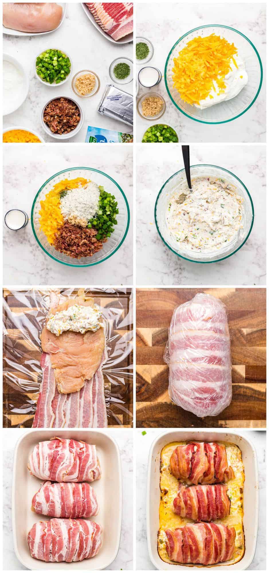 step by step photos for how to make bacon wrapped stuffed chicken