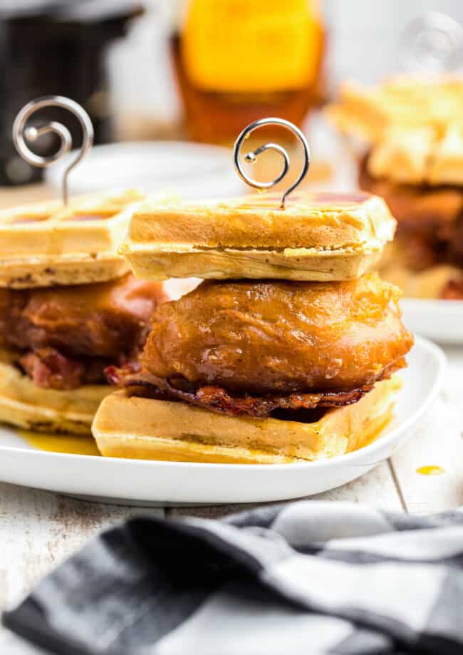 chicken and waffle sliders with bacon on plate