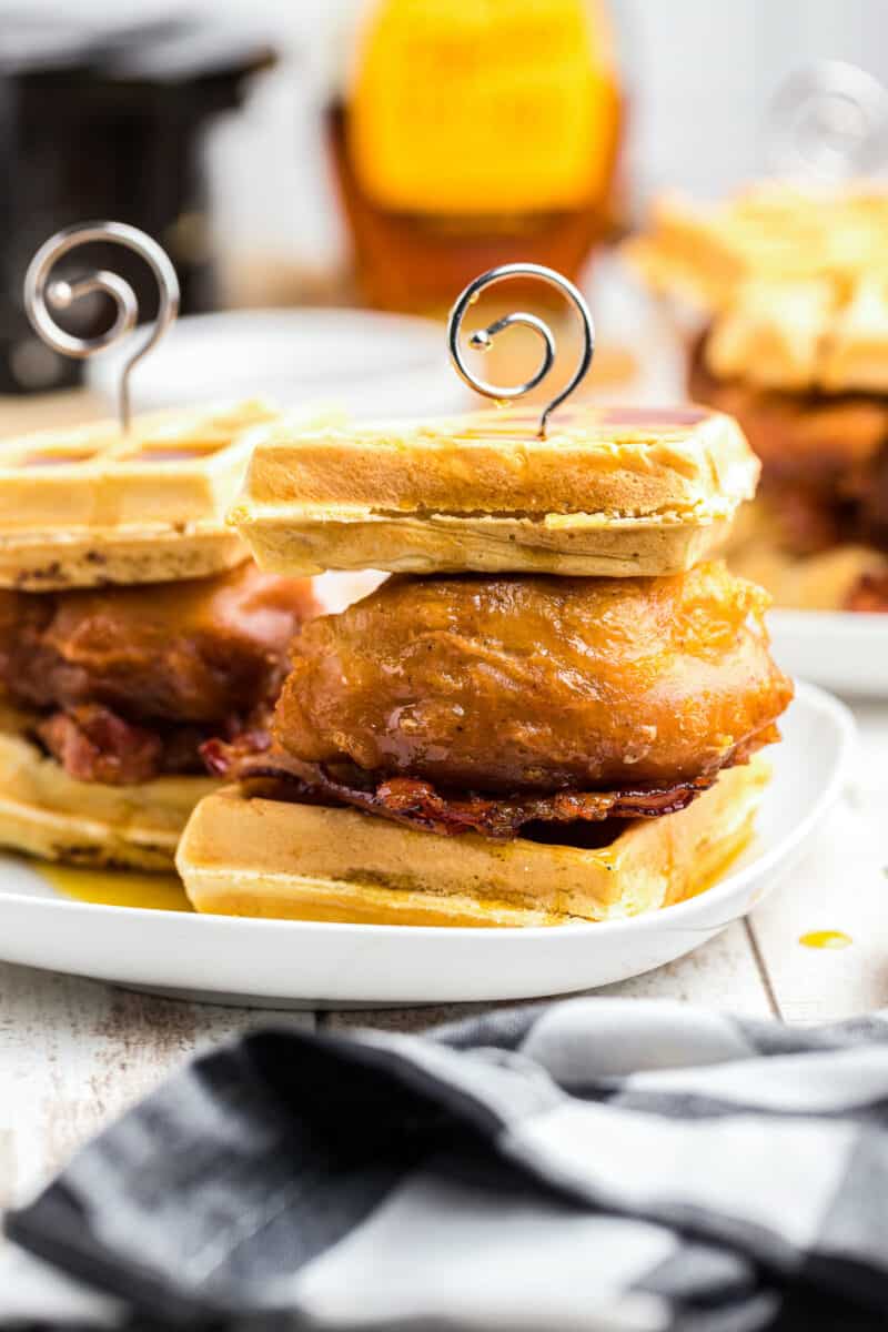 chicken and waffle sliders with bacon on plate