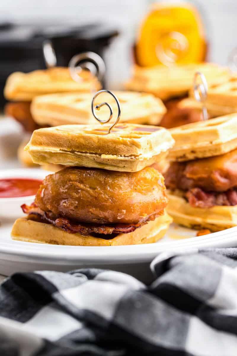 up close chicken and waffle sliders with bacon
