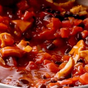simmering chicken, onions, black beans, tomatoes, and enchilada sauce in a pan.