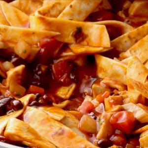 stirring tortilla strips into chicken enchilada skillet.