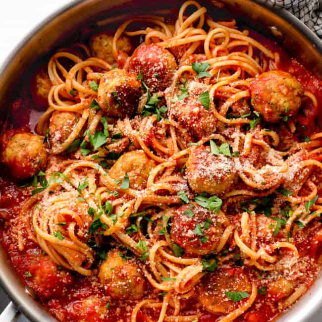 skillet with chicken spaghetti and meatballs