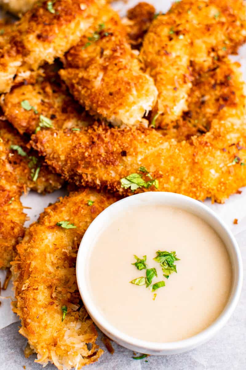 up close coconut chicken tenders with pina colada dip