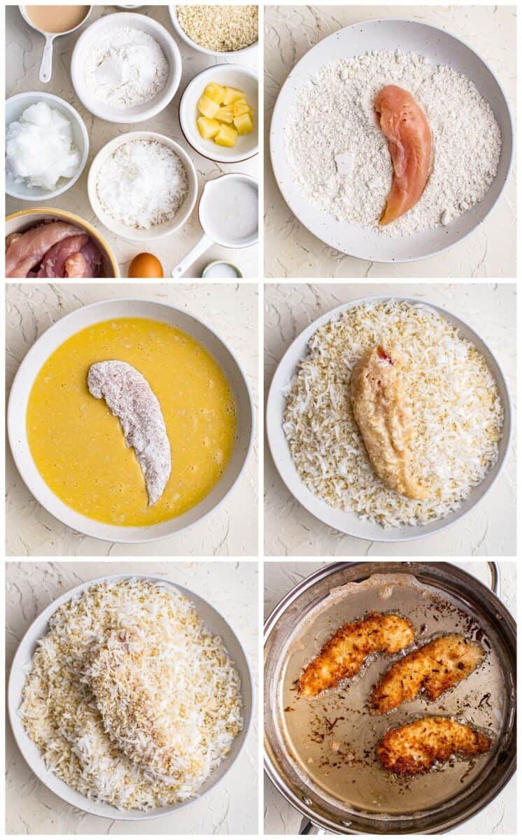 step by step photos for how to make coconut chicken tenders with pina colada sauce