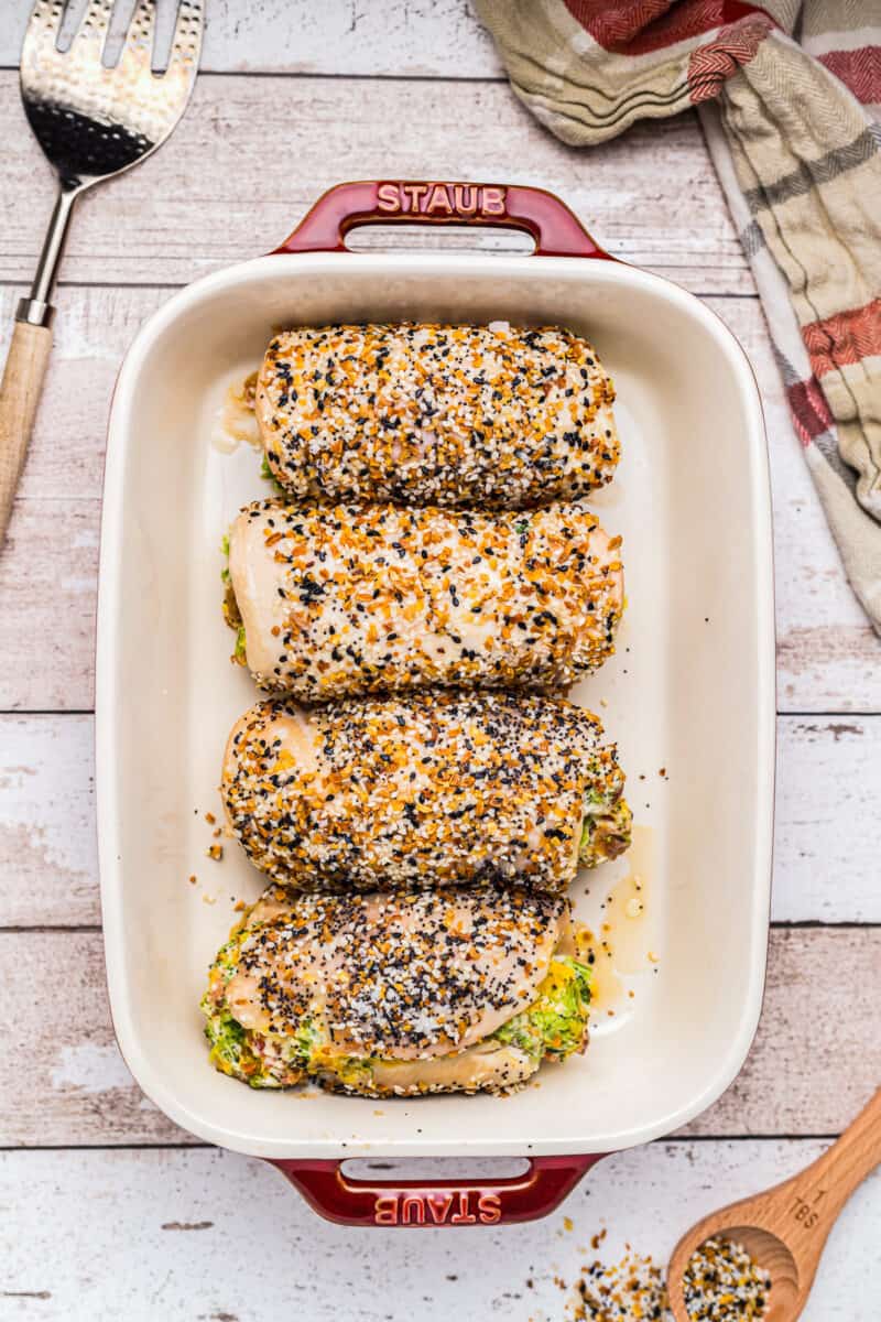 baked everything stuffed chicken breasts in baking dish