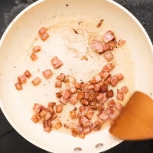 cooked bacon bits in a pan.