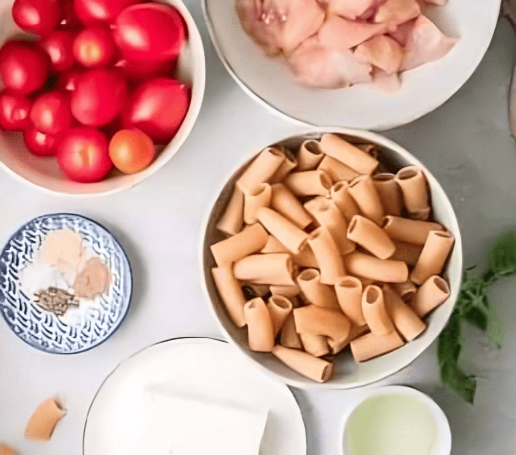 ingredients for baked chicken feta pasta.