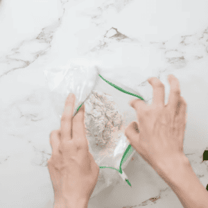dredging a chicken thigh in flour in a Ziplock bag.