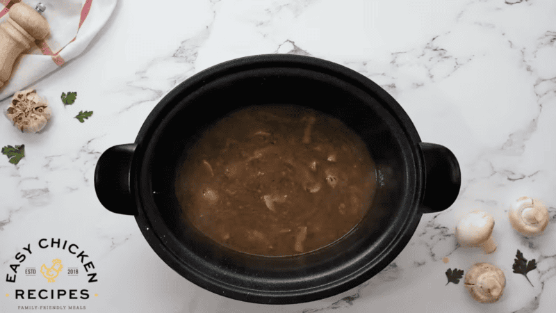 thickened chicken marsala in a crockpot.
