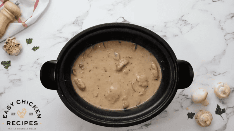 creamy chicken marsala in a crockpot.