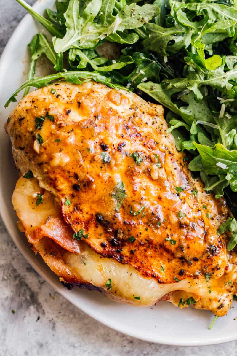 up close image of ham and cheese stuffed chicken