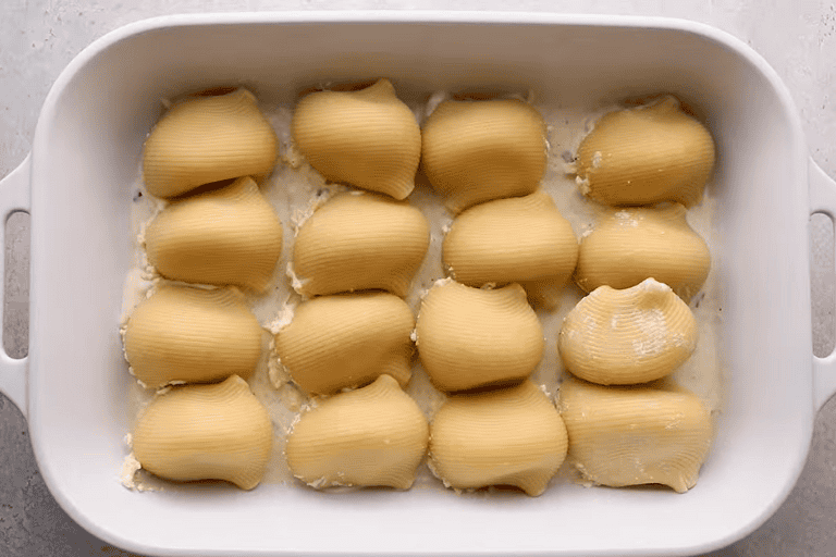 Chicken alfredo stuffed pasta shells in a baking dish.