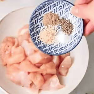 seasoning cubed chicken breasts with spices.