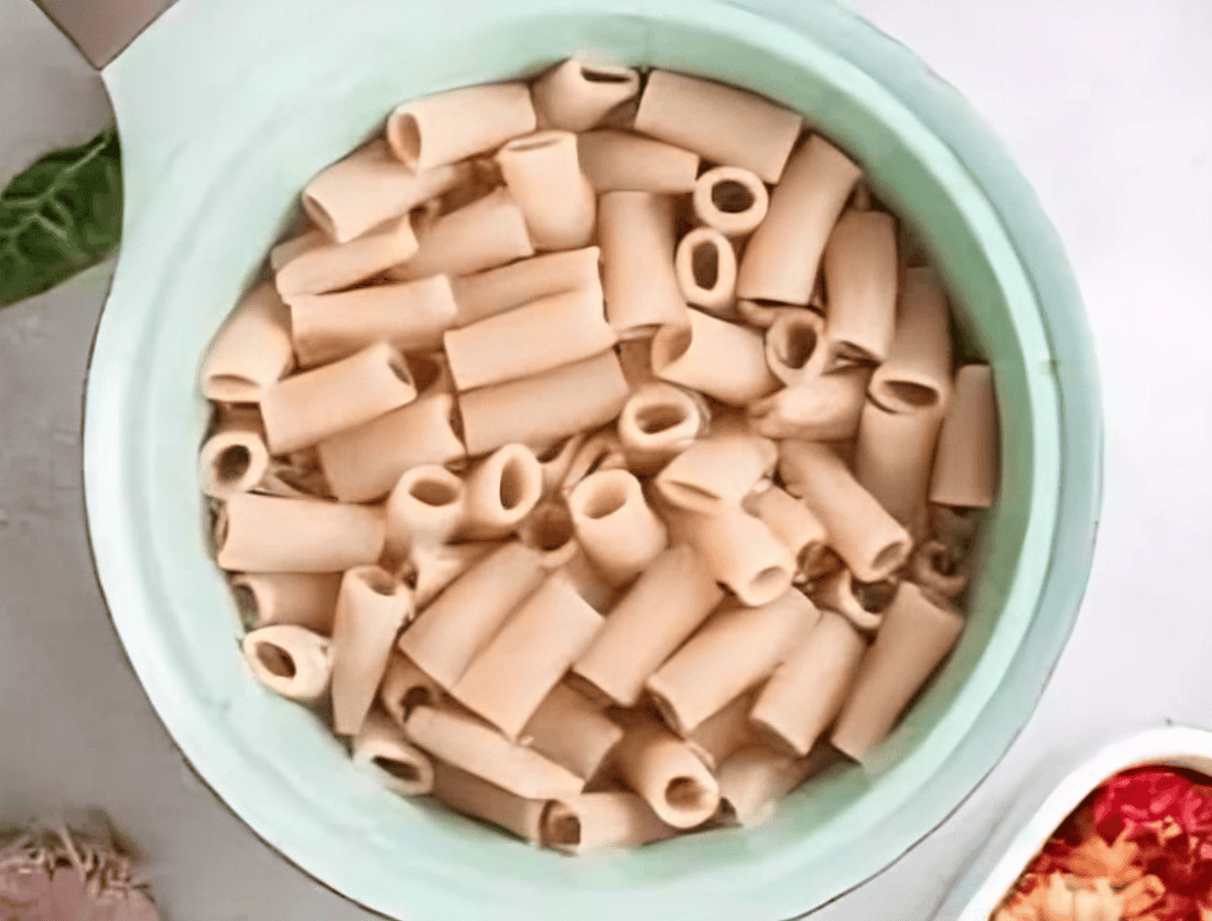 cooked and drained rigatoni pasta.