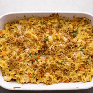 Chicken noodle casserole in a baking dish.