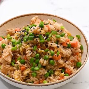 Crockpot chicken fried rice in a bowl.