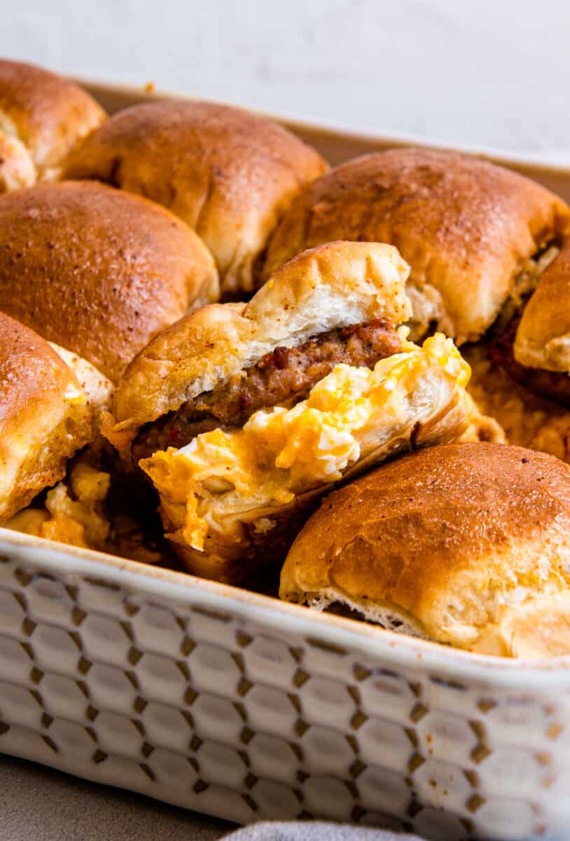 pull apart breakfast sandwiches in baking dish