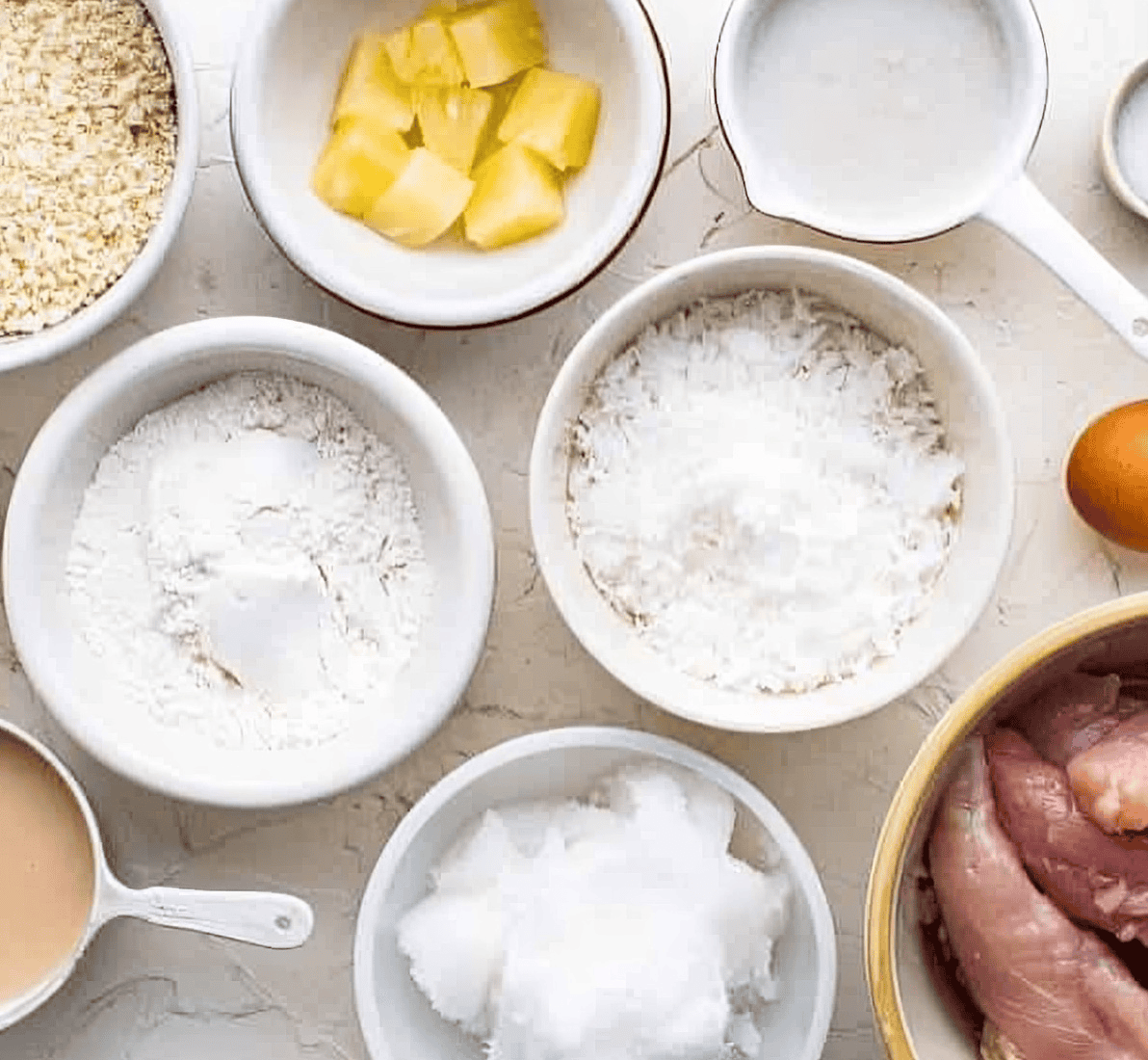 ingredients for coconut chicken tenders and pina colada sauce.