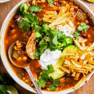 overhead view of crockpot chicken tortilla soup in a bowl with a spoon.