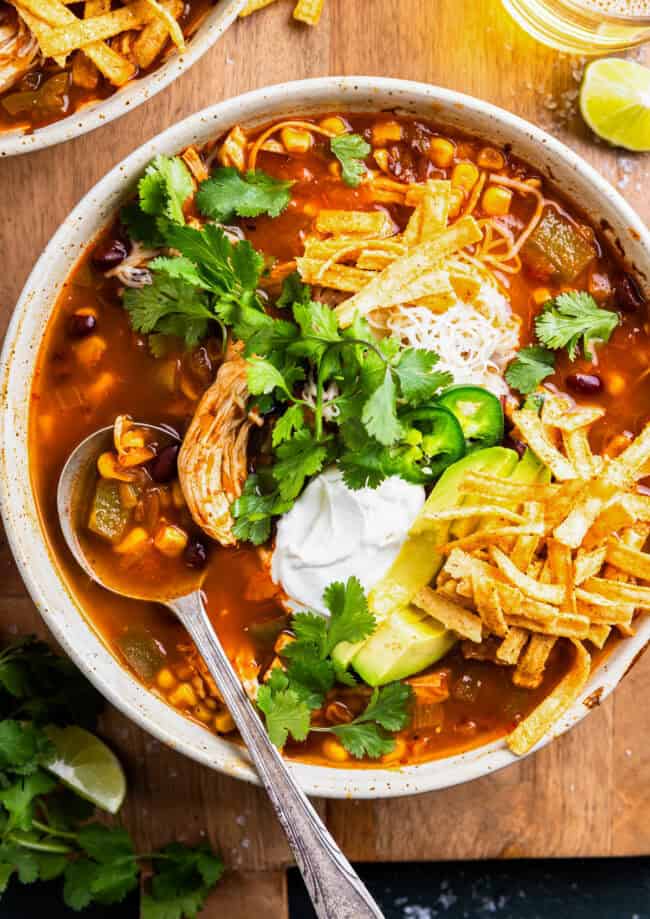 overhead view of crockpot chicken tortilla soup in a bowl with a spoon.