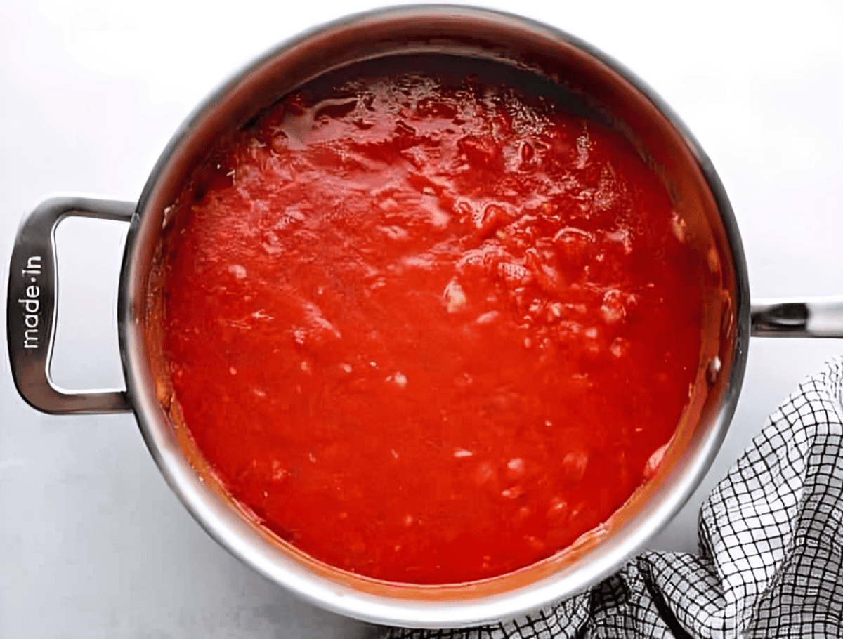 red tomato sauce in a saucepan.