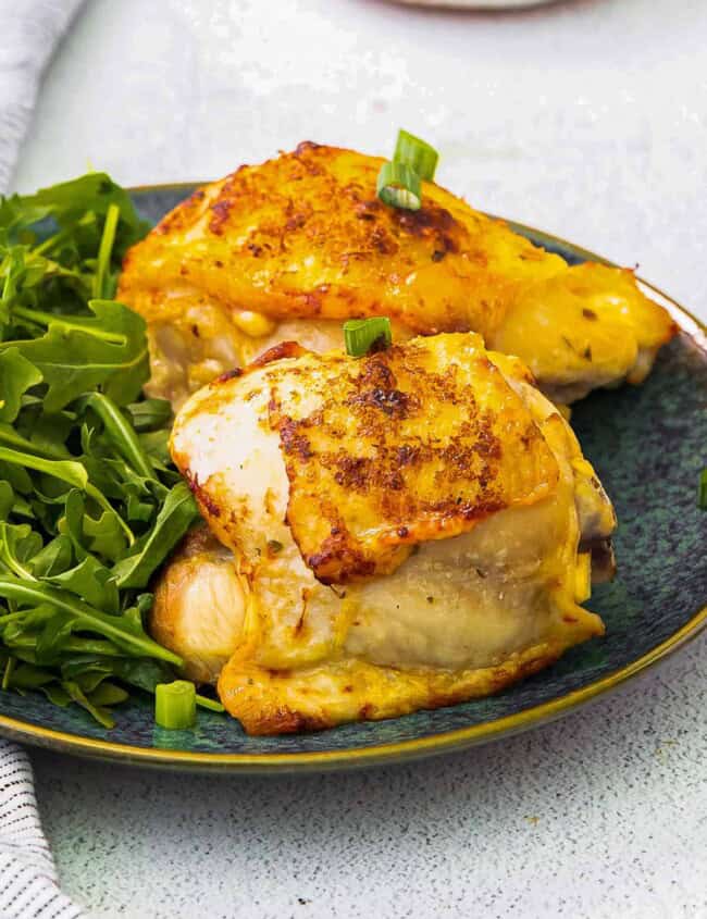 air fryer ranch chicken thighs on blue plate