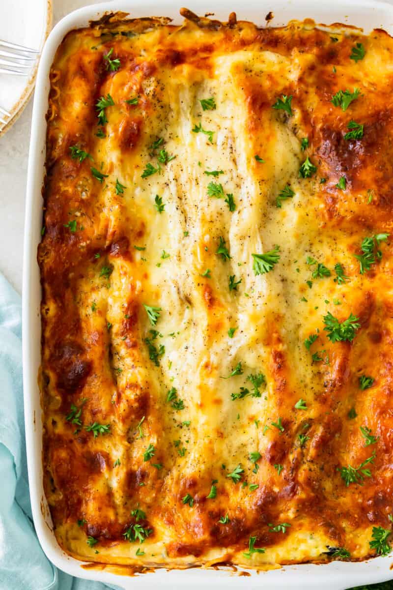 chicken alfredo lasagna in baking dish