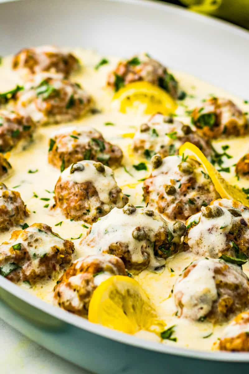 chicken piccata meatballs with lemon slices