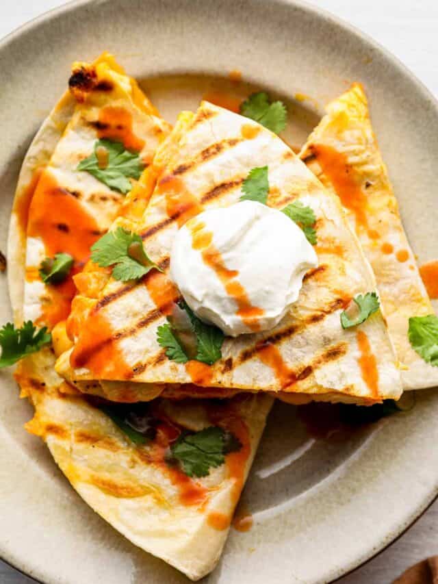 Buffalo chicken quesadillas on a plate.